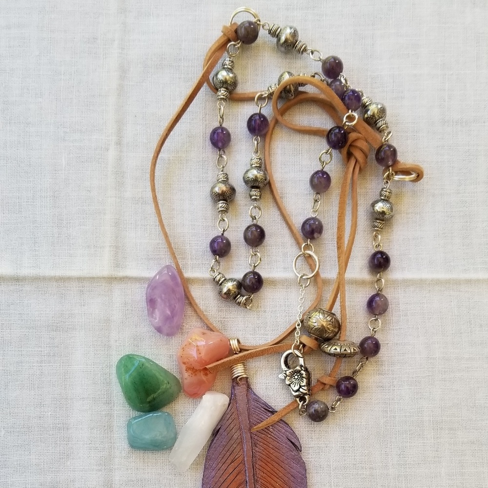 Leather & amethyst beaded necklace, $firm